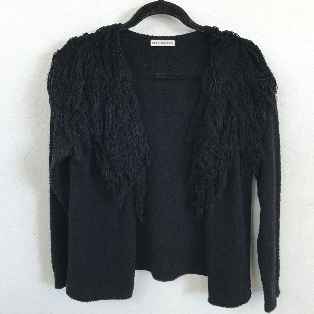 Ulla Johnson Womens Astras Fringe Cardigan Sz S Black 100% Cotton Open Front